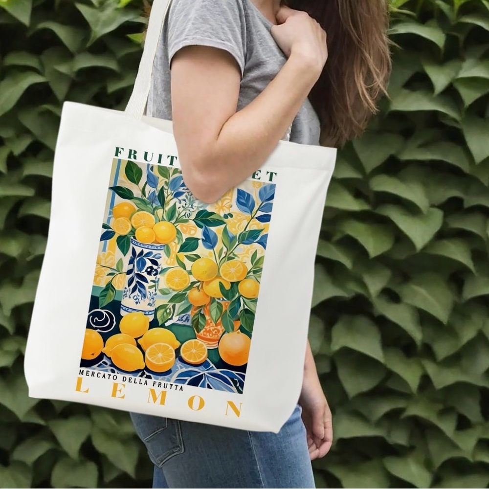 Lemon Canvas Print Tote Bag New - Blue/White